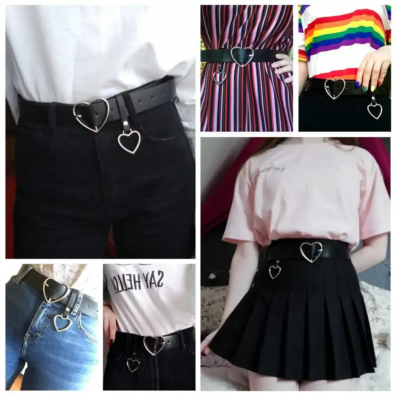 Double Ring Belts For Women Fashion Dress Jeans Belt PU Leather Metal Buckle Heart Pin Waist Belts Lady Girls Leisure Waistband