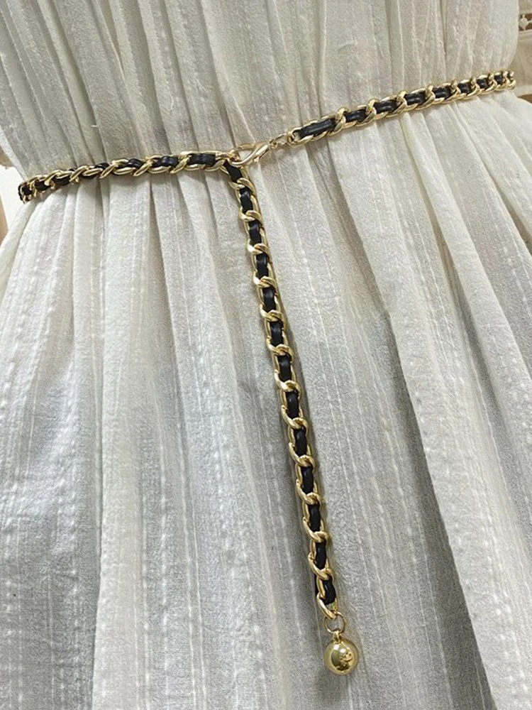 Women Long Metal Tassel Waist Belt PU Leather Adjustable Gold Silver Chain Belts Simple Coat Dress Decorative Waistband Girdle