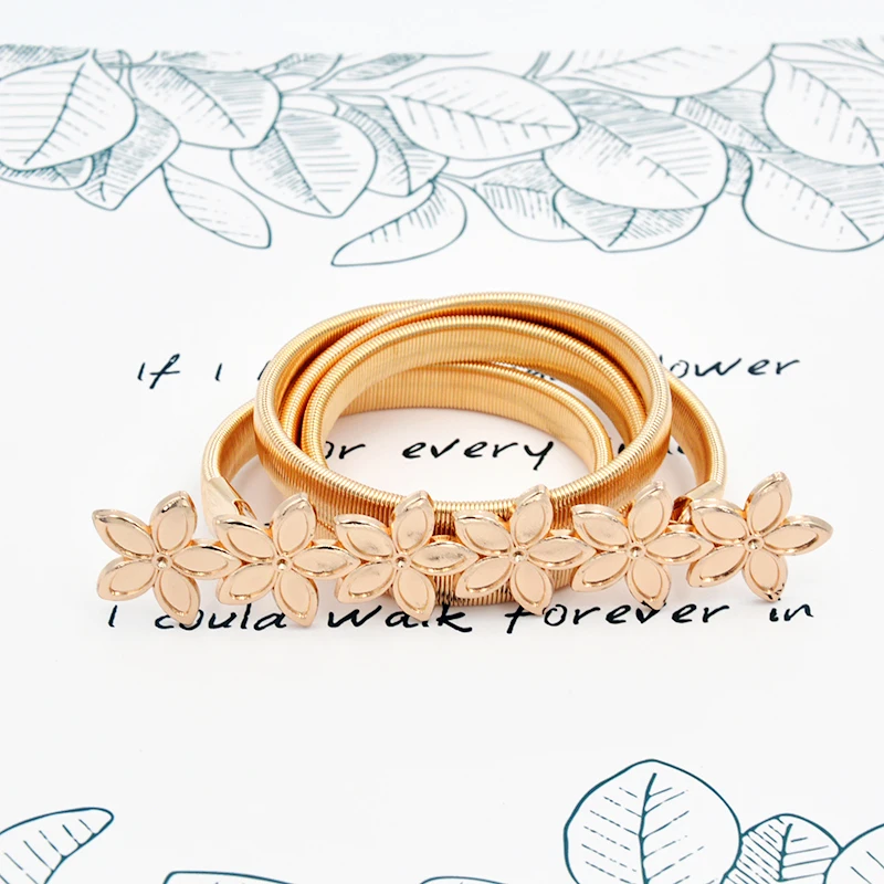Gold Flower Shape Elastic belts For Women Girl Stretch Skinny Waist Belt Cummerbunds Metal Female Belt cinturon mujer cinto