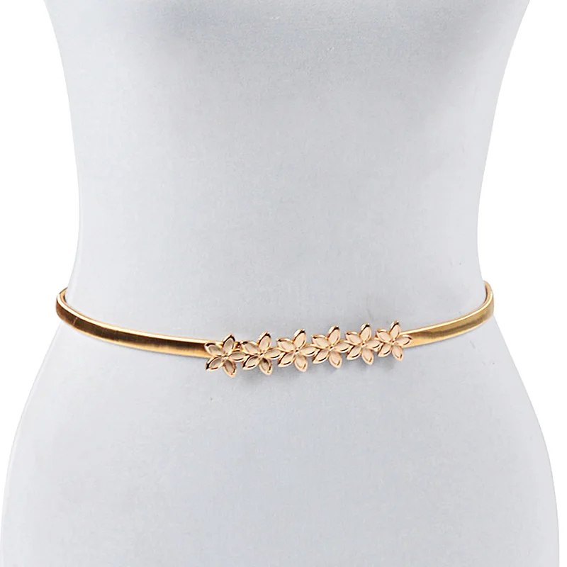Gold Flower Shape Elastic belts For Women Girl Stretch Skinny Waist Belt Cummerbunds Metal Female Belt cinturon mujer cinto