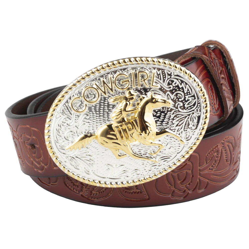 Female Cowboy Up Casual Buckle Golden Rose Flower Embossed Leather Belt Youth Decoration