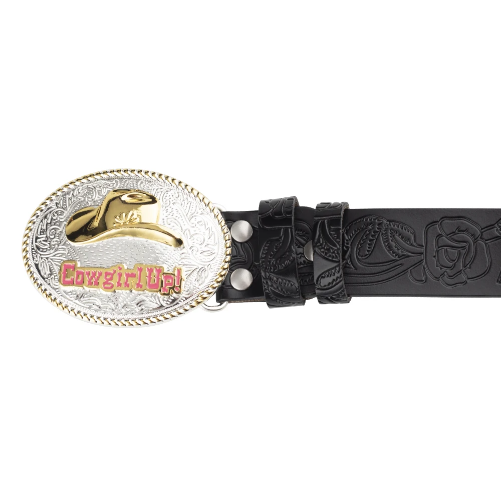 Female Cowboy Up Casual Buckle Golden Rose Flower Embossed Leather Belt Youth Decoration