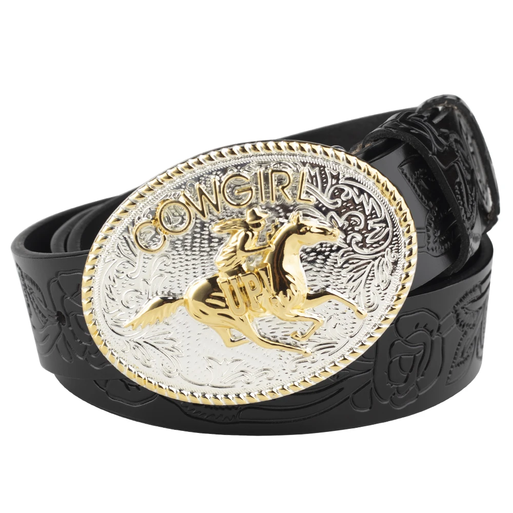 Female Cowboy Up Casual Buckle Golden Rose Flower Embossed Leather Belt Youth Decoration