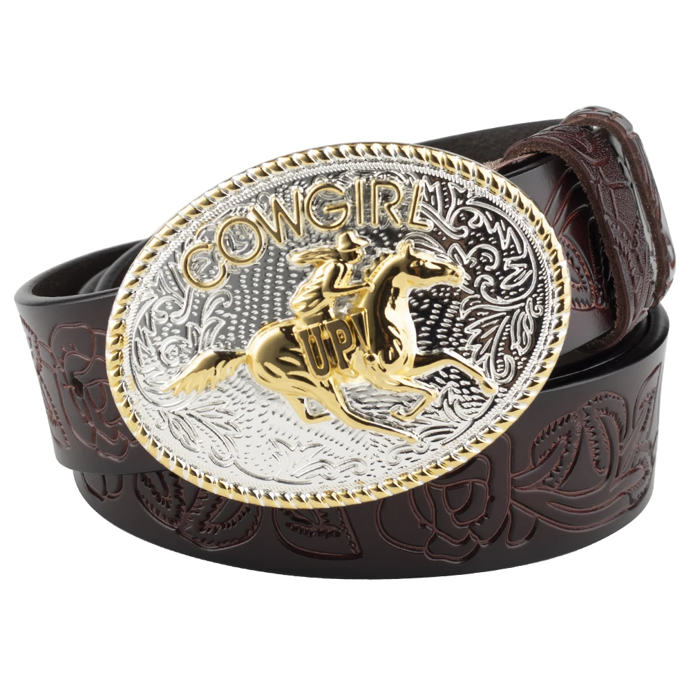 Female Cowboy Up Casual Buckle Golden Rose Flower Embossed Leather Belt Youth Decoration