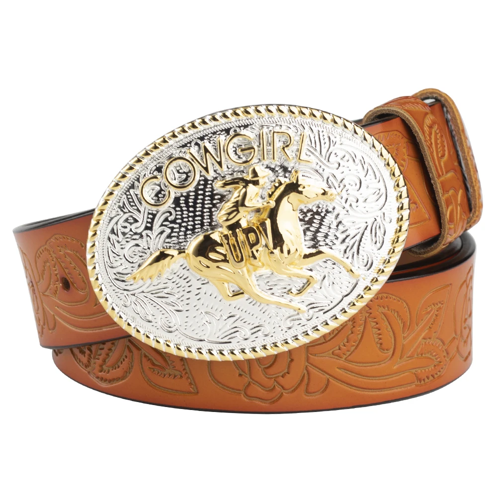 Female Cowboy Up Casual Buckle Golden Rose Flower Embossed Leather Belt Youth Decoration