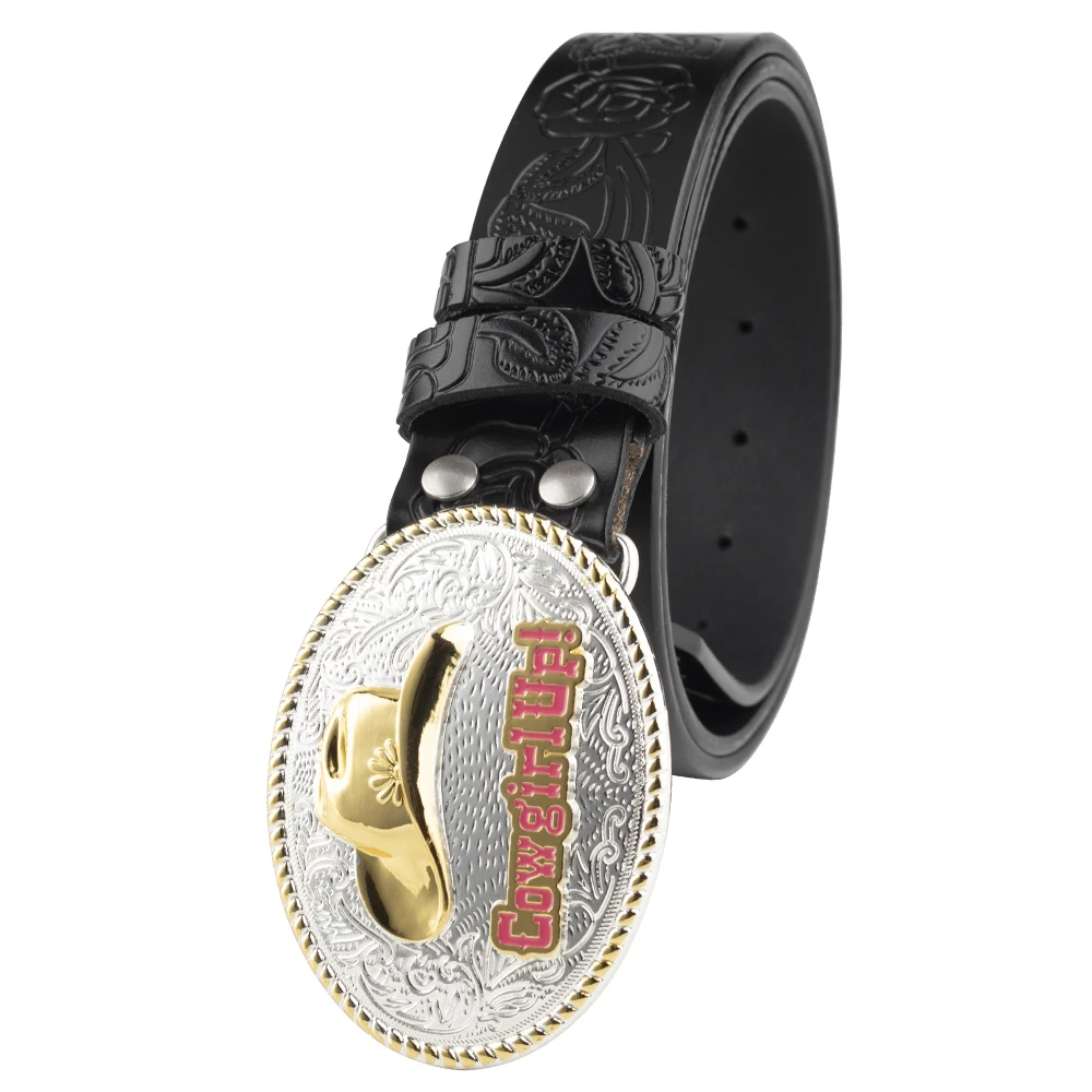 Female Cowboy Up Casual Buckle Golden Rose Flower Embossed Leather Belt Youth Decoration