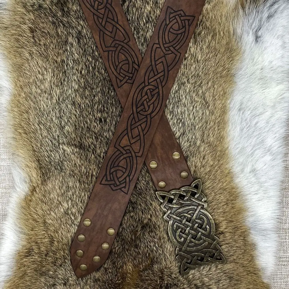 Novelty Embossed Viking Renaissance Buckle Belt PU Printing Celtic Belt Knight Leather Medieval Waistband Adult