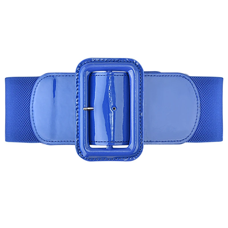 New Design Wide 7.5cm Waist Cover Women Blue Orange Belt Tight Sweater Coat Dress Stretch Yellow Metal Square Buckle Elastic