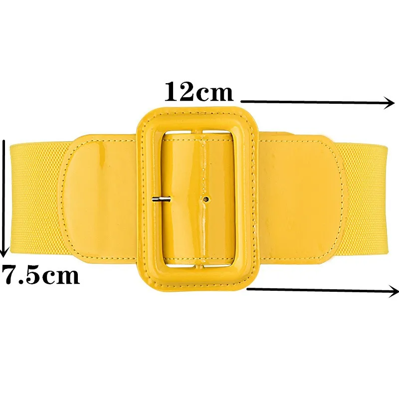 New Design Wide 7.5cm Waist Cover Women Blue Orange Belt Tight Sweater Coat Dress Stretch Yellow Metal Square Buckle Elastic