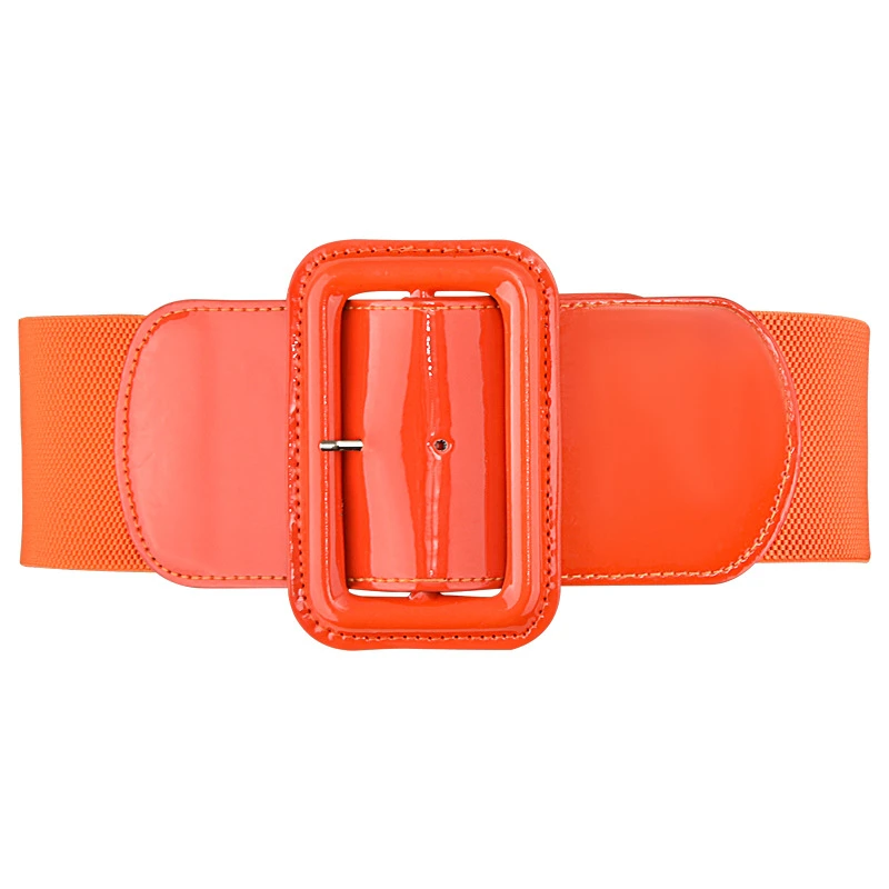 New Design Wide 7.5cm Waist Cover Women Blue Orange Belt Tight Sweater Coat Dress Stretch Yellow Metal Square Buckle Elastic