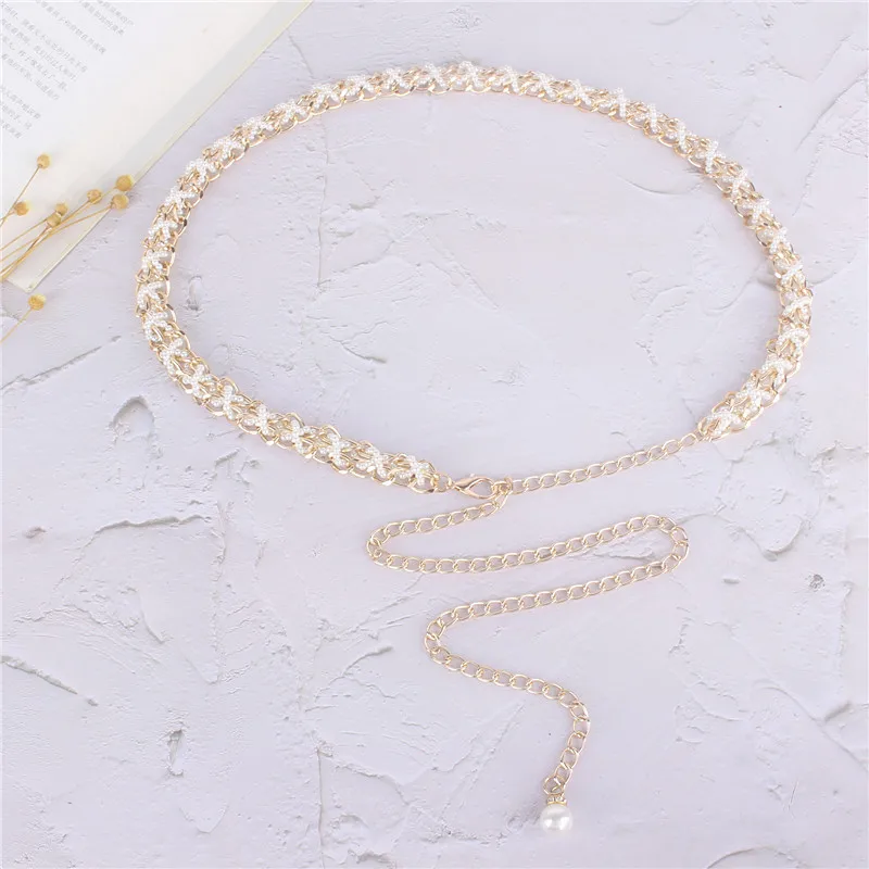 Luxury Designer Braided Corset Belt Girdle Gold Metal Chain Belts for Women Pearl Waistband Dress Jeans Elegant Chain Straps