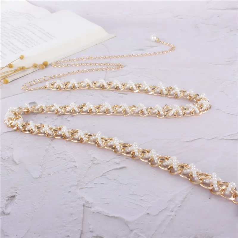 Luxury Designer Braided Corset Belt Girdle Gold Metal Chain Belts for Women Pearl Waistband Dress Jeans Elegant Chain Straps