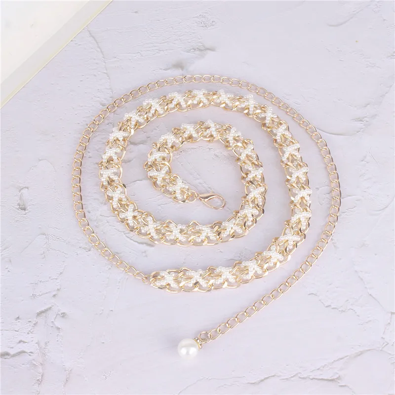 Luxury Designer Braided Corset Belt Girdle Gold Metal Chain Belts for Women Pearl Waistband Dress Jeans Elegant Chain Straps