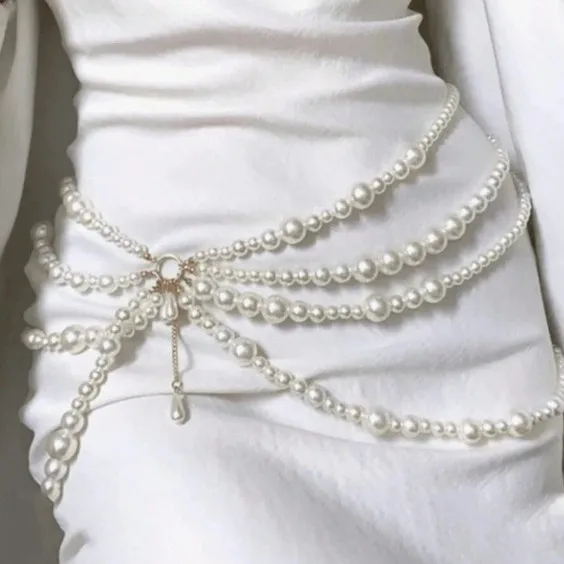 Multilayer Pearl Waist Chains for Women Imitation Pearl Metal Ring Tassel Belt Fashion Elegant Clothing Accessories ремень