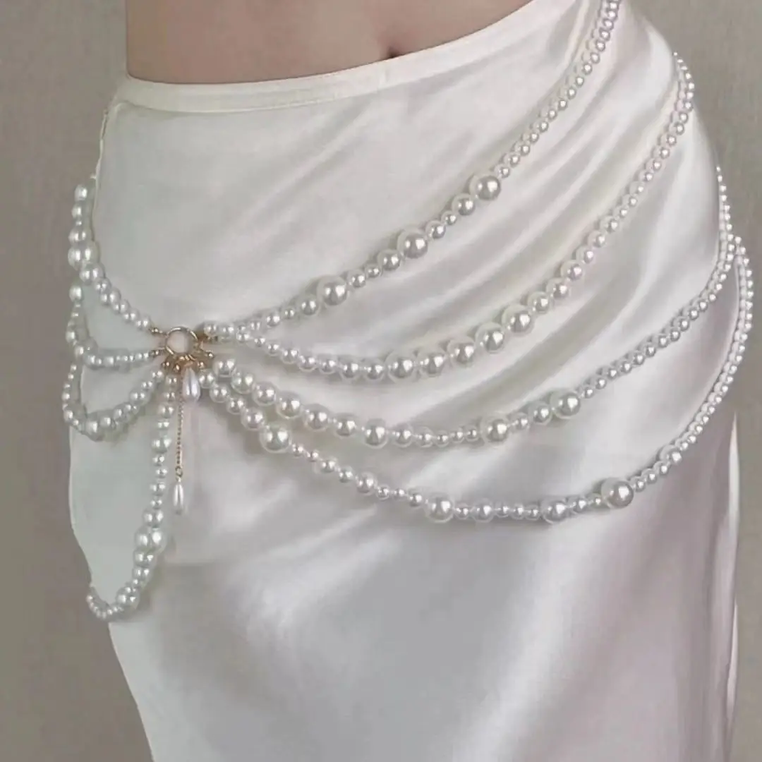 Multilayer Pearl Waist Chains for Women Imitation Pearl Metal Ring Tassel Belt Fashion Elegant Clothing Accessories ремень
