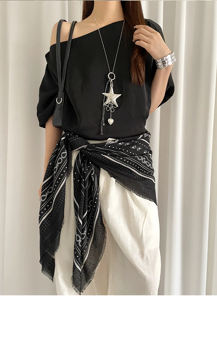 Retro Black Printed Petticoat Scarf Korean Lazy Style Thin Shawl Small Neck Scarf Accessory Belt