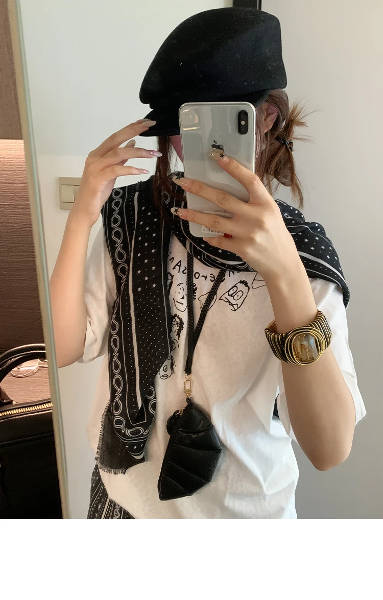Retro Black Printed Petticoat Scarf Korean Lazy Style Thin Shawl Small Neck Scarf Accessory Belt