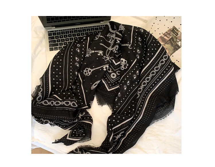 Retro Black Printed Petticoat Scarf Korean Lazy Style Thin Shawl Small Neck Scarf Accessory Belt