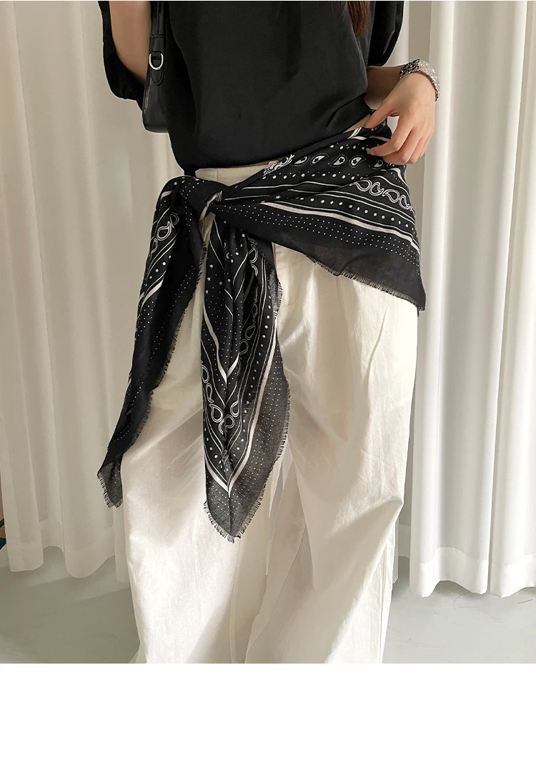 Retro Black Printed Petticoat Scarf Korean Lazy Style Thin Shawl Small Neck Scarf Accessory Belt