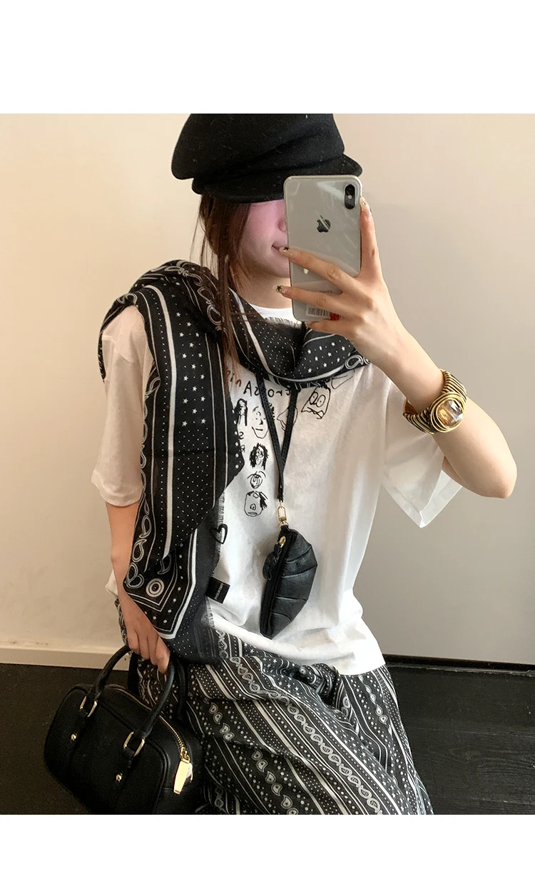 Retro Black Printed Petticoat Scarf Korean Lazy Style Thin Shawl Small Neck Scarf Accessory Belt