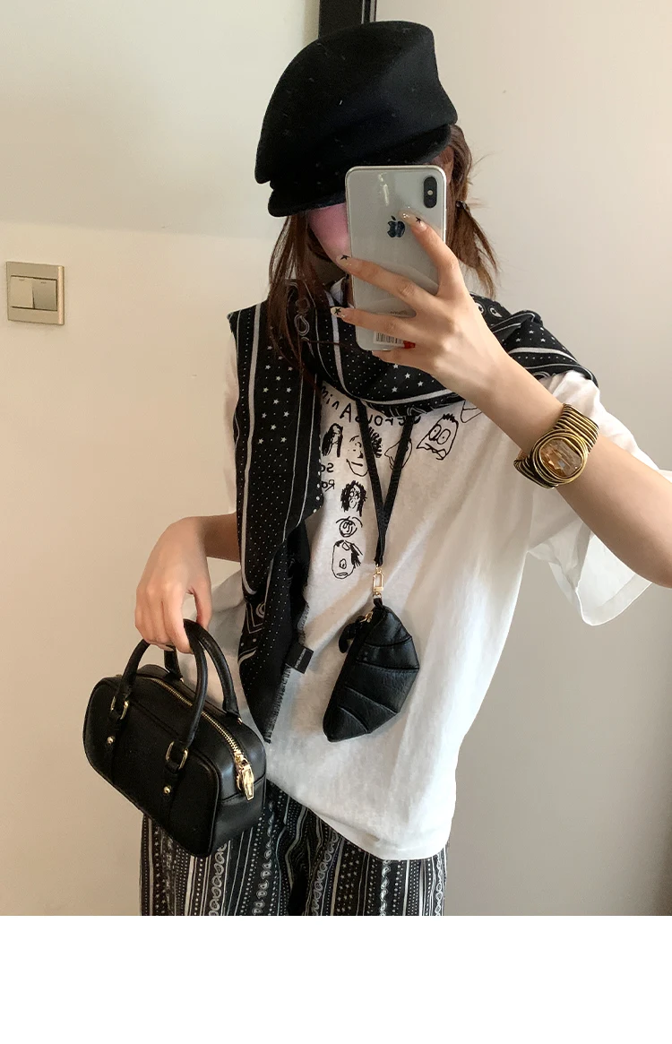 Retro Black Printed Petticoat Scarf Korean Lazy Style Thin Shawl Small Neck Scarf Accessory Belt