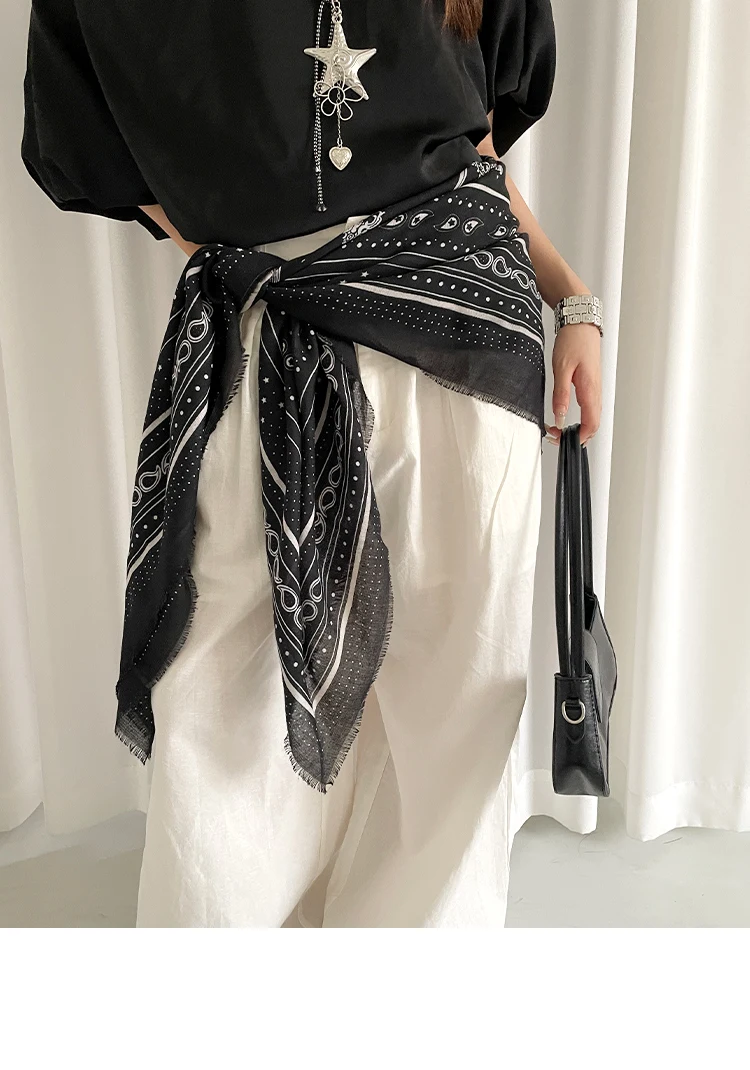 Retro Black Printed Petticoat Scarf Korean Lazy Style Thin Shawl Small Neck Scarf Accessory Belt