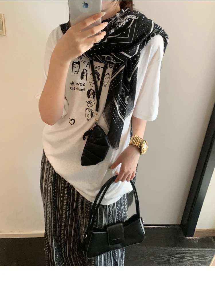 Retro Black Printed Petticoat Scarf Korean Lazy Style Thin Shawl Small Neck Scarf Accessory Belt
