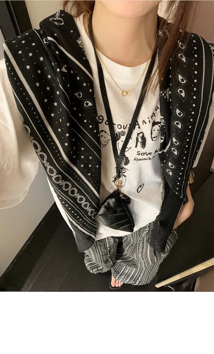 Retro Black Printed Petticoat Scarf Korean Lazy Style Thin Shawl Small Neck Scarf Accessory Belt