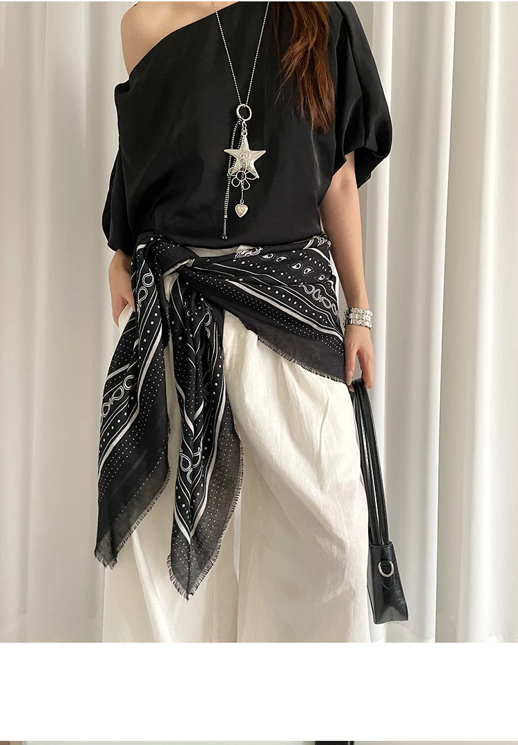 Retro Black Printed Petticoat Scarf Korean Lazy Style Thin Shawl Small Neck Scarf Accessory Belt