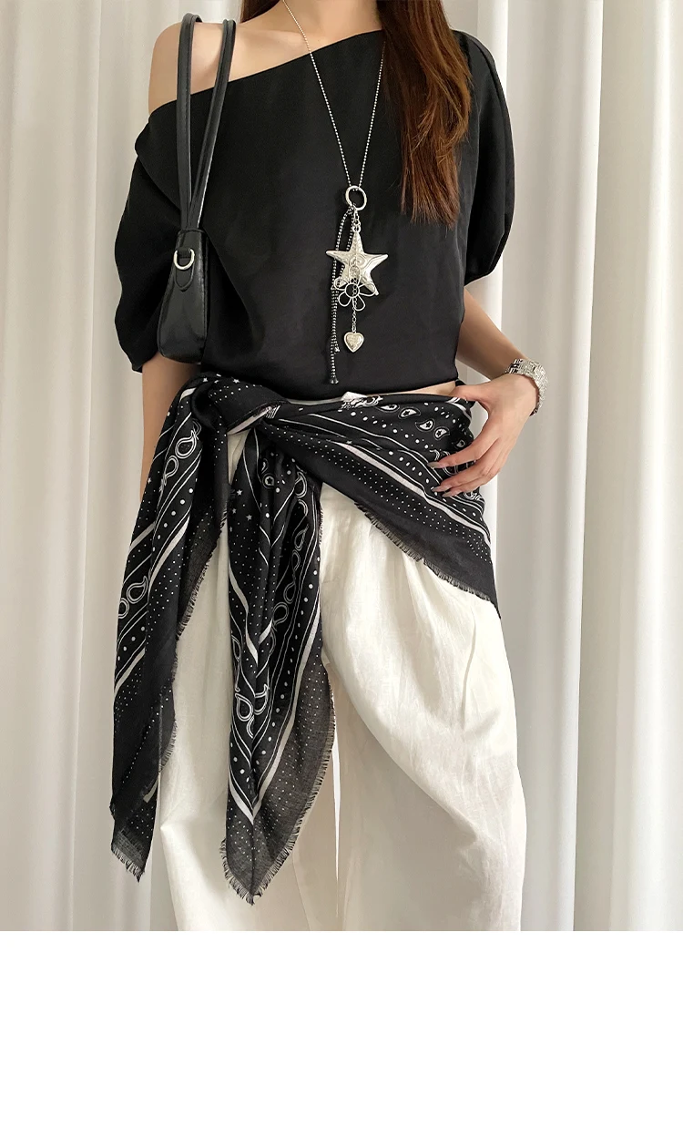 Retro Black Printed Petticoat Scarf Korean Lazy Style Thin Shawl Small Neck Scarf Accessory Belt