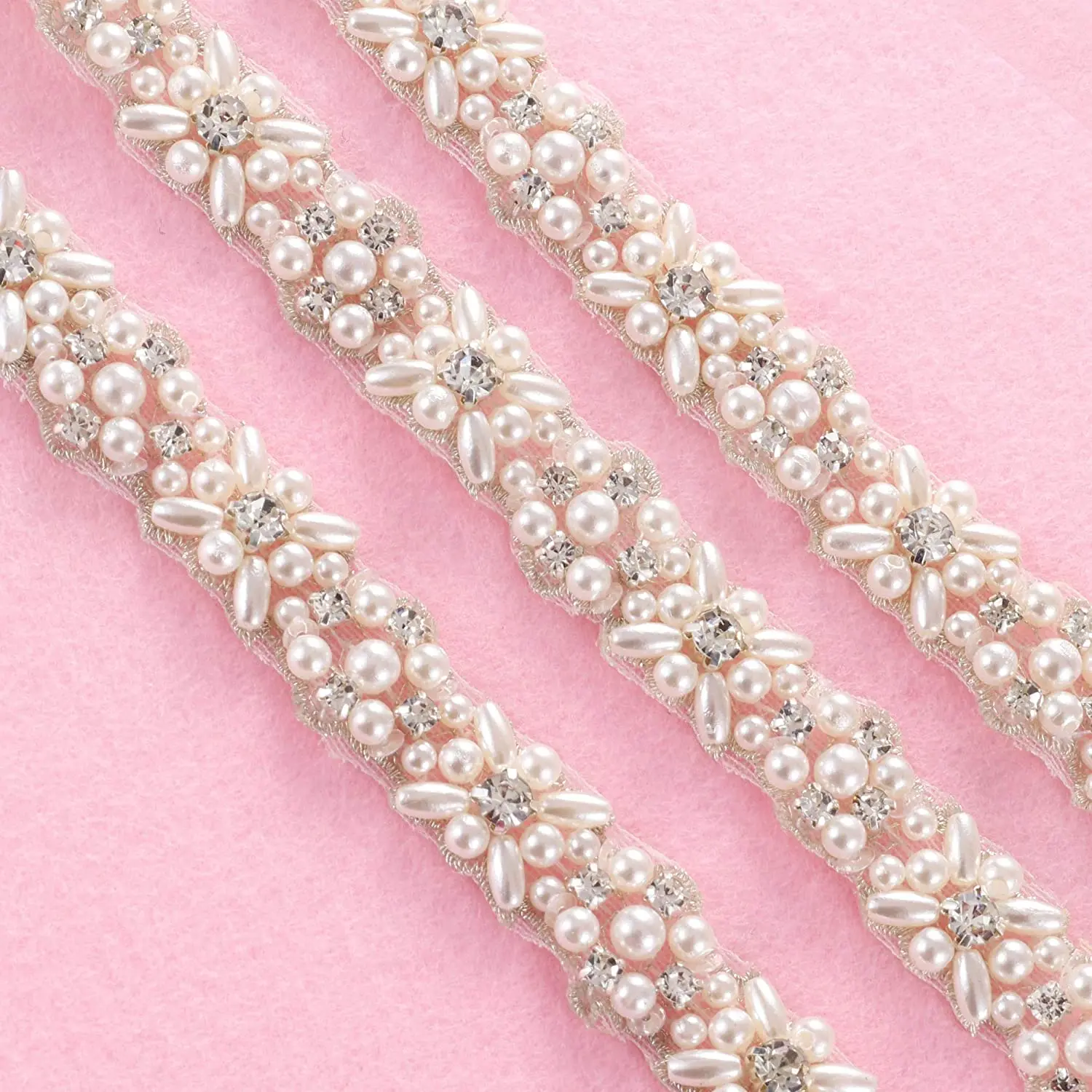 JLZXSY Pearl Rhinestone Applique, Crystal Belt Trim for Dresses, 1 Yard Sparkly Applique Sew or Iron on Wedding Dress Sash