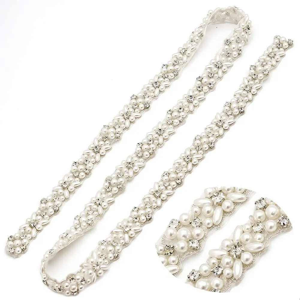 JLZXSY Pearl Rhinestone Applique, Crystal Belt Trim for Dresses, 1 Yard Sparkly Applique Sew or Iron on Wedding Dress Sash
