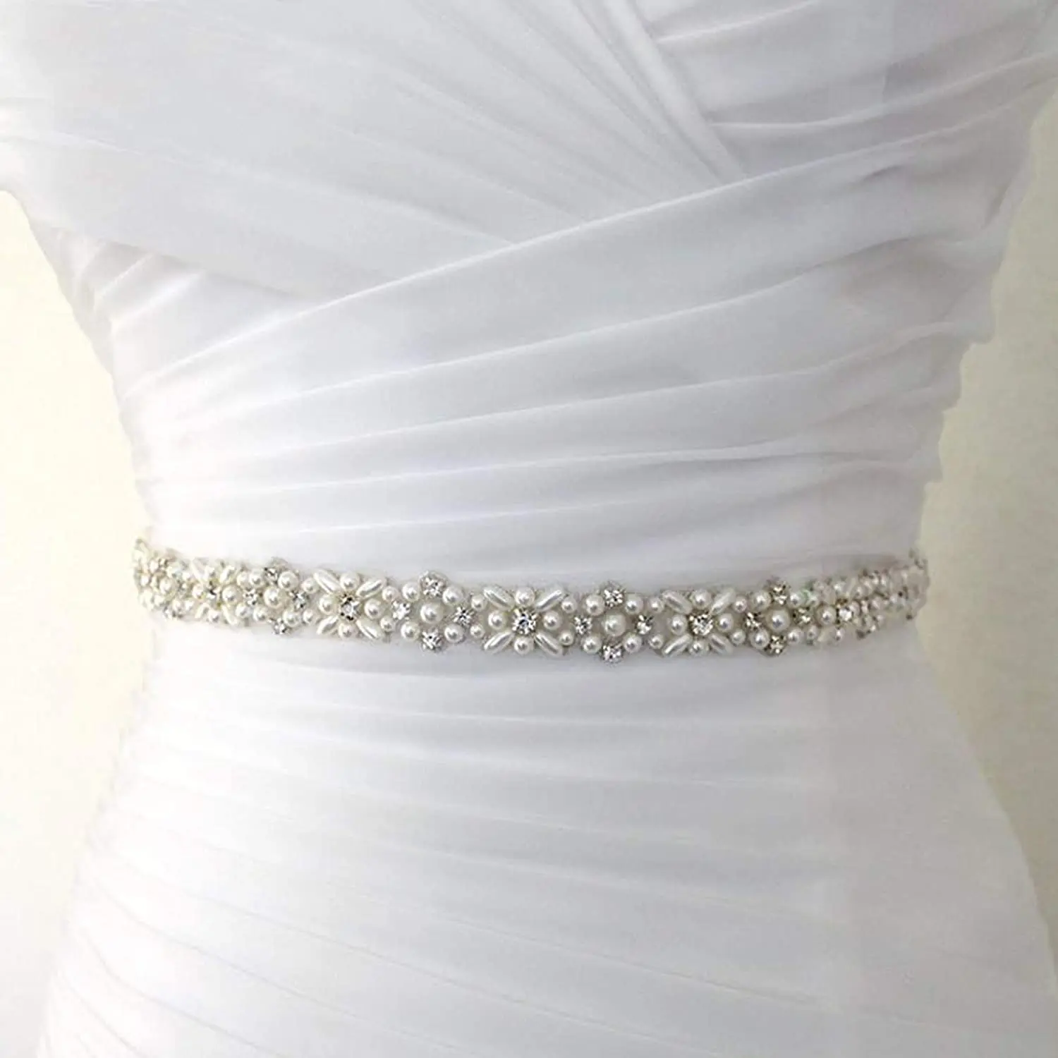 JLZXSY Pearl Rhinestone Applique, Crystal Belt Trim for Dresses, 1 Yard Sparkly Applique Sew or Iron on Wedding Dress Sash