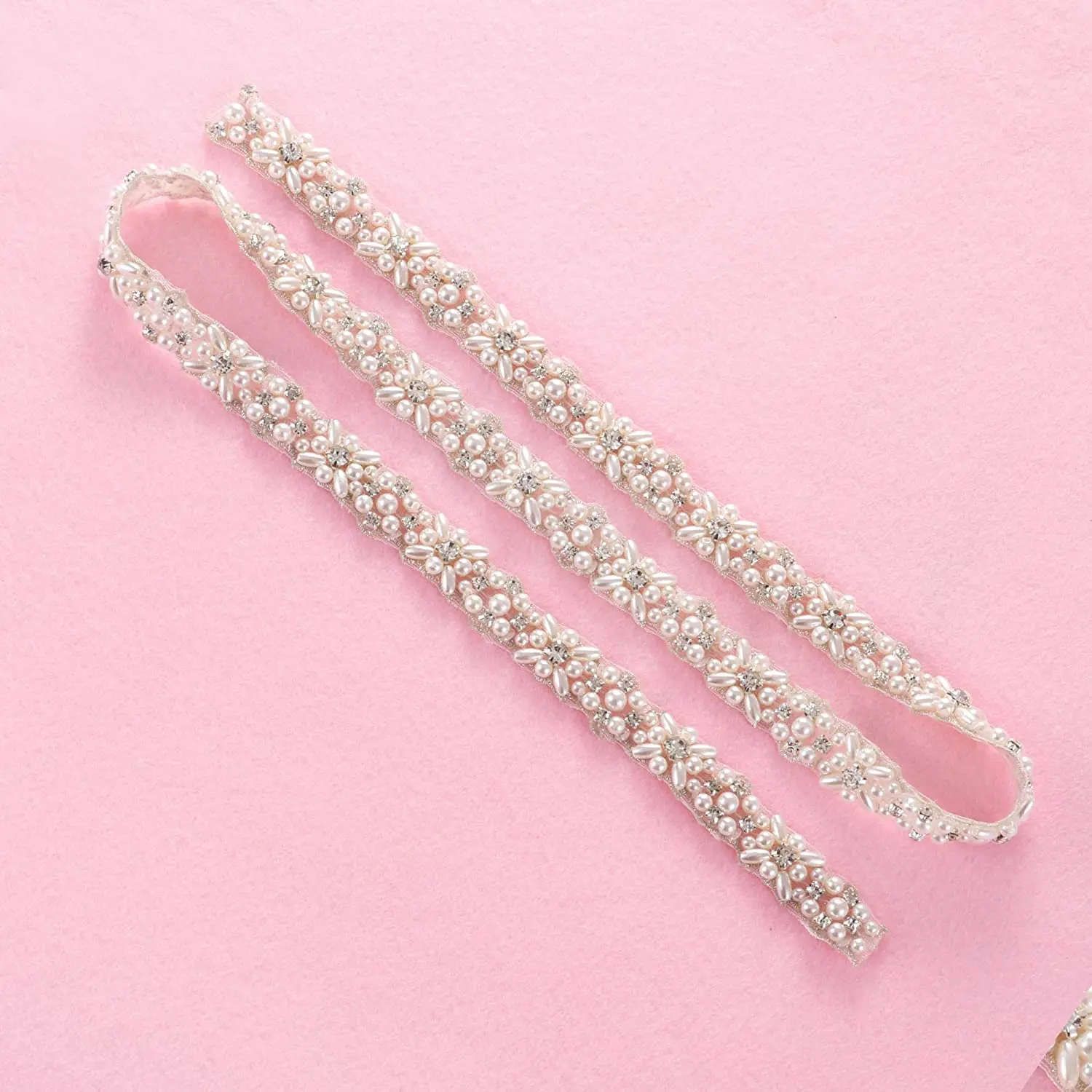 JLZXSY Pearl Rhinestone Applique, Crystal Belt Trim for Dresses, 1 Yard Sparkly Applique Sew or Iron on Wedding Dress Sash
