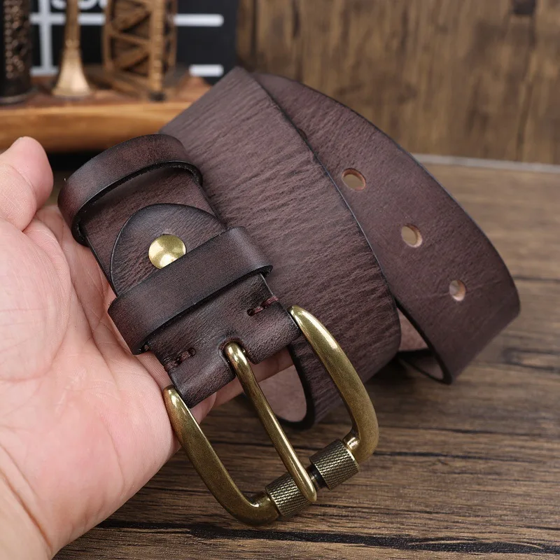 Thickened American Retro Handmade Men's Leather Belt with Pure Cowhide Copper Buckle Jeans Leather Waist