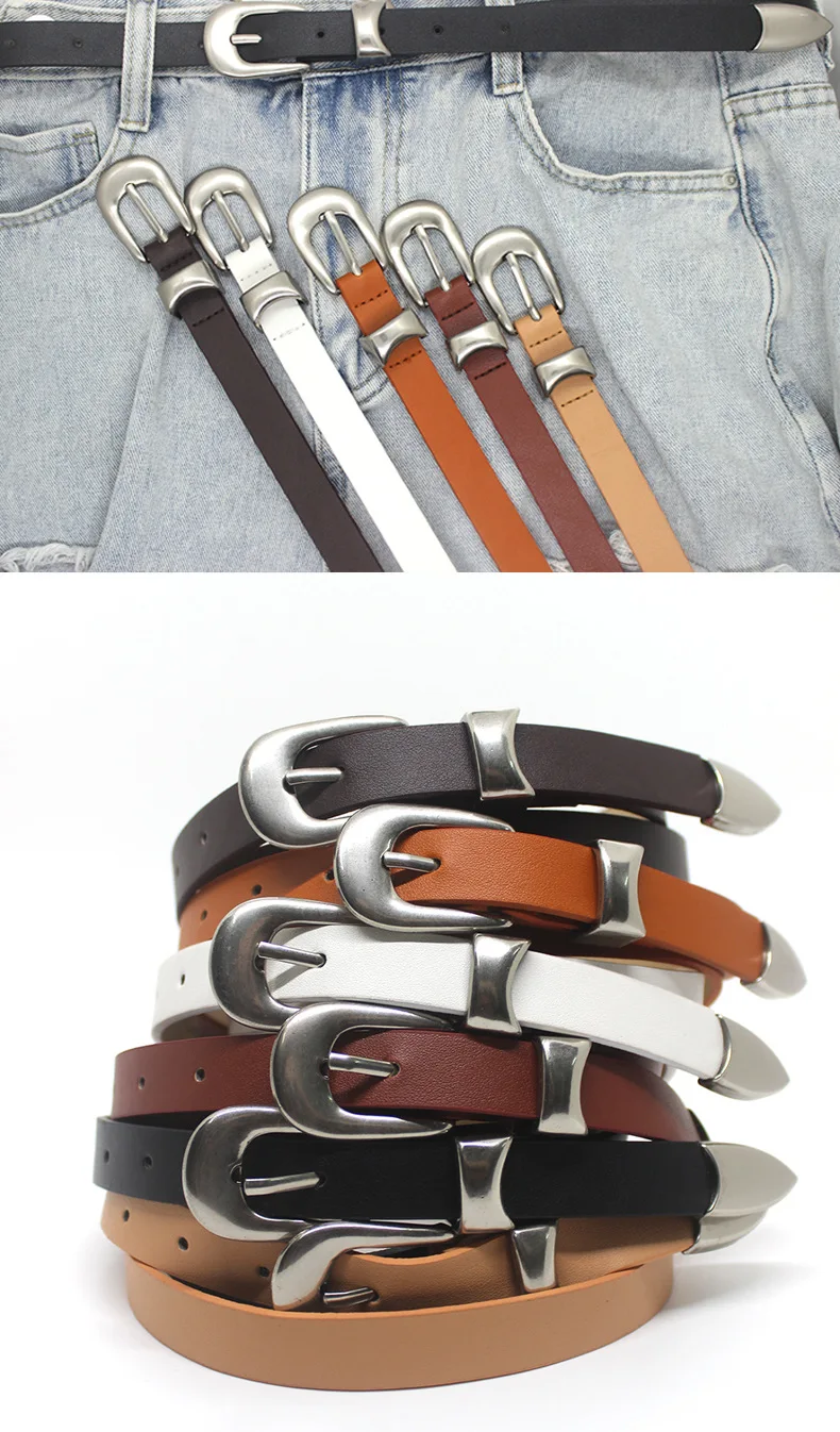 Maikun Vintage Fashion Women's Belt Simple Silver Alloy Pin Buckle Women's Belt