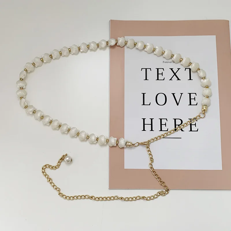 New Elegant Pearl Women Chain Belt Fashion Shell Metal Lady Waist Belts Thin Slim Dress Long Waistbands Straps Banquet Wedding