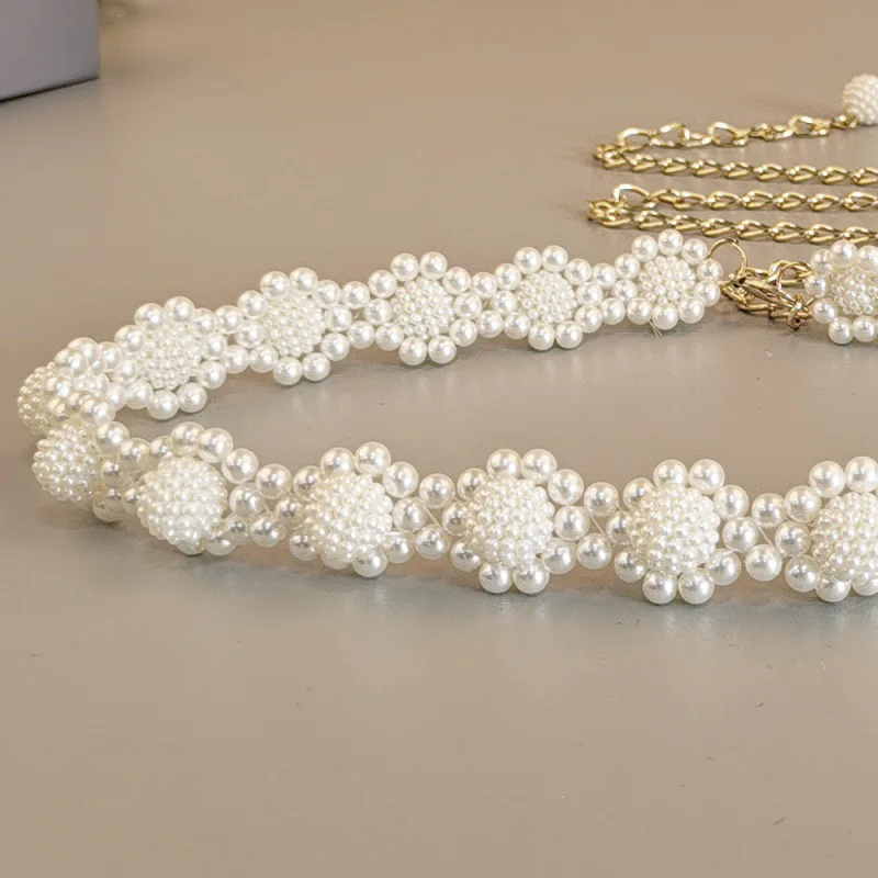 New Elegant Pearl Women Chain Belt Fashion Shell Metal Lady Waist Belts Thin Slim Dress Long Waistbands Straps Banquet Wedding