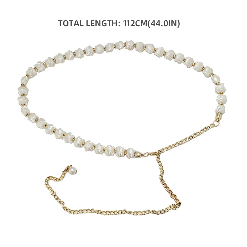 New Elegant Pearl Women Chain Belt Fashion Shell Metal Lady Waist Belts Thin Slim Dress Long Waistbands Straps Banquet Wedding