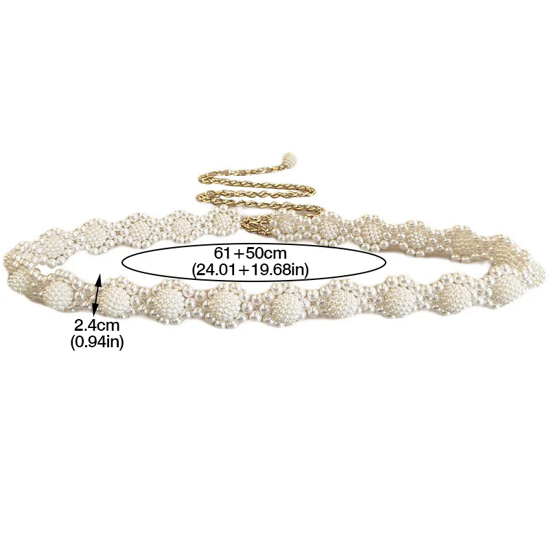 New Elegant Pearl Women Chain Belt Fashion Shell Metal Lady Waist Belts Thin Slim Dress Long Waistbands Straps Banquet Wedding