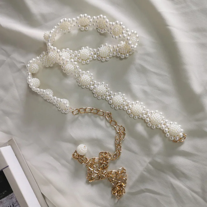 New Elegant Pearl Women Chain Belt Fashion Shell Metal Lady Waist Belts Thin Slim Dress Long Waistbands Straps Banquet Wedding