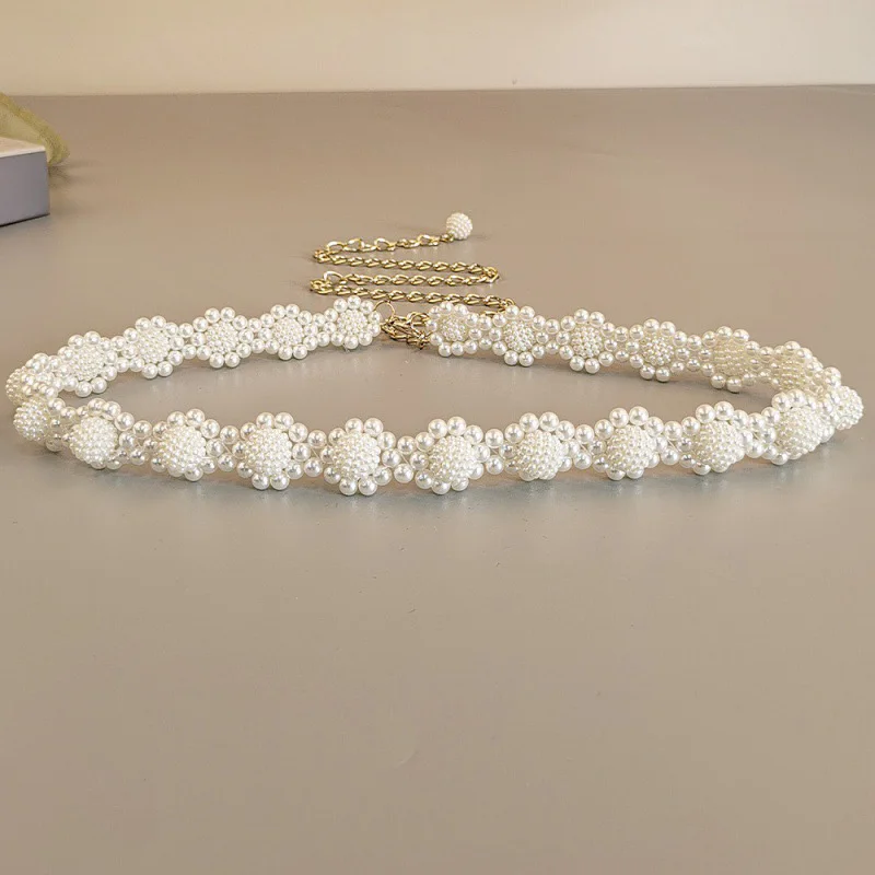 New Elegant Pearl Women Chain Belt Fashion Shell Metal Lady Waist Belts Thin Slim Dress Long Waistbands Straps Banquet Wedding