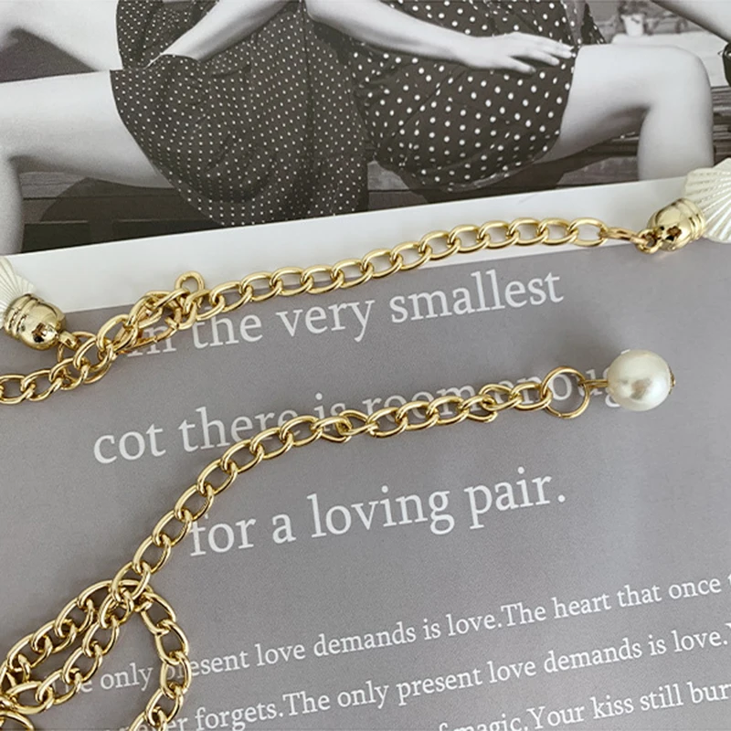 New Elegant Pearl Women Chain Belt Fashion Shell Metal Lady Waist Belts Thin Slim Dress Long Waistbands Straps Banquet Wedding