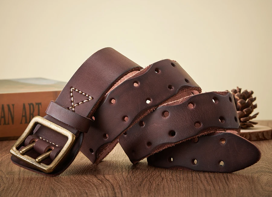 Thick Original Leather Belt Vintage Men Wide Belt Male Cowhide Real Genuine Leather Double Prong Buckle Strap Cowboy Jeans Belt