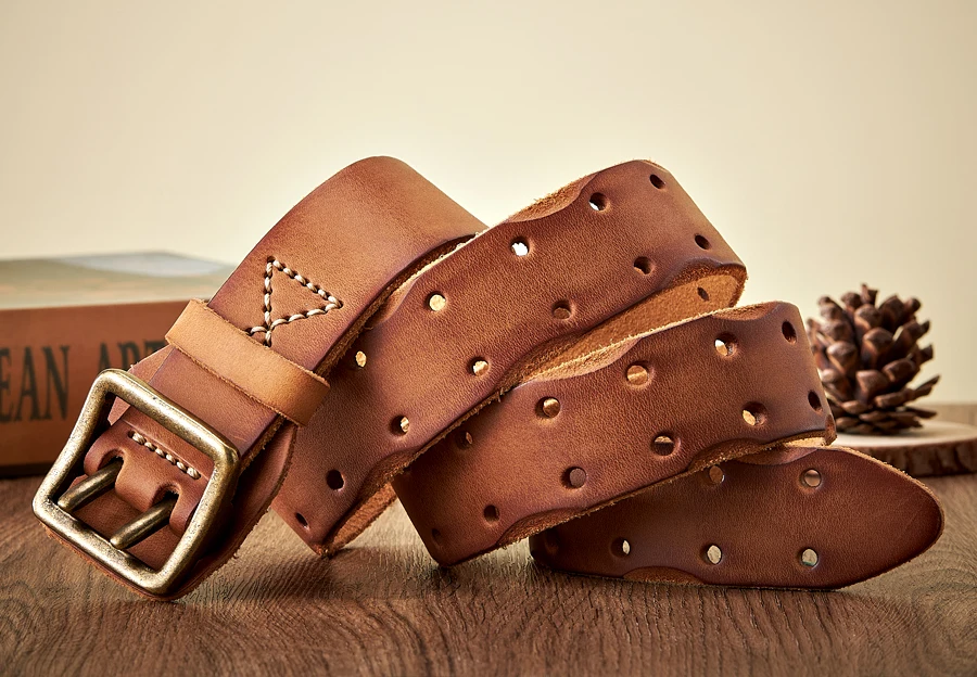 Thick Original Leather Belt Vintage Men Wide Belt Male Cowhide Real Genuine Leather Double Prong Buckle Strap Cowboy Jeans Belt