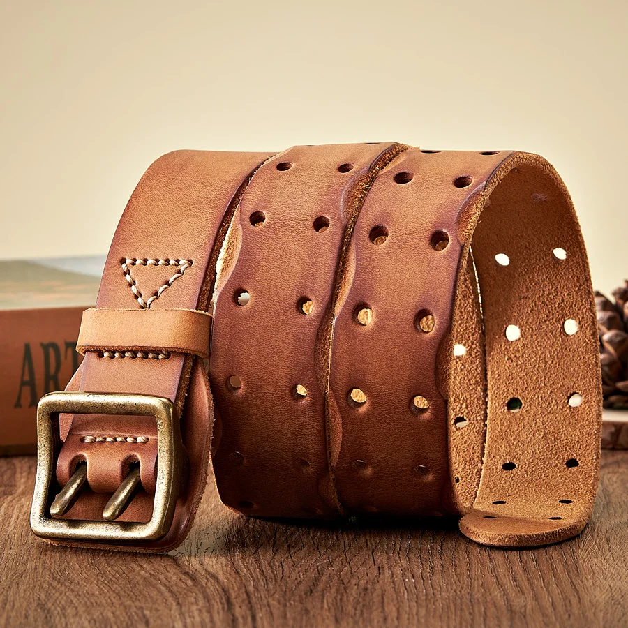 Thick Original Leather Belt Vintage Men Wide Belt Male Cowhide Real Genuine Leather Double Prong Buckle Strap Cowboy Jeans Belt