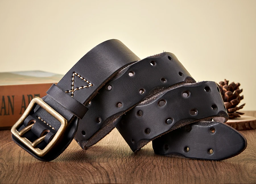 Thick Original Leather Belt Vintage Men Wide Belt Male Cowhide Real Genuine Leather Double Prong Buckle Strap Cowboy Jeans Belt