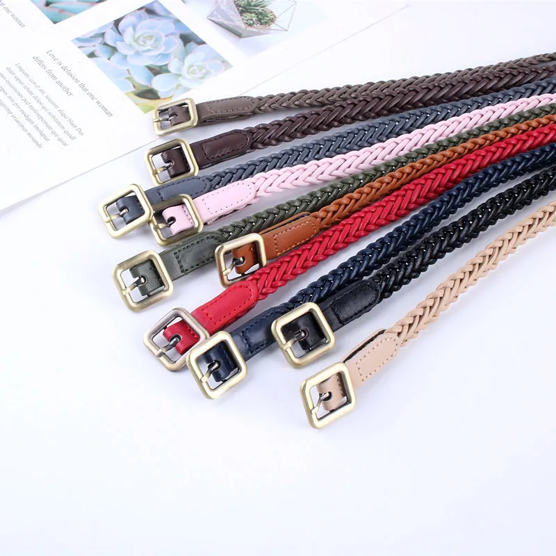 ladies fashion leather squrae buckle knitted braided weaving belts for women dresses female waist rope casual luxury straps