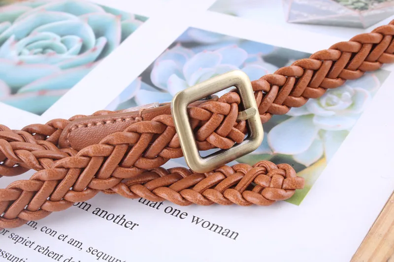 ladies fashion leather squrae buckle knitted braided weaving belts for women dresses female waist rope casual luxury straps