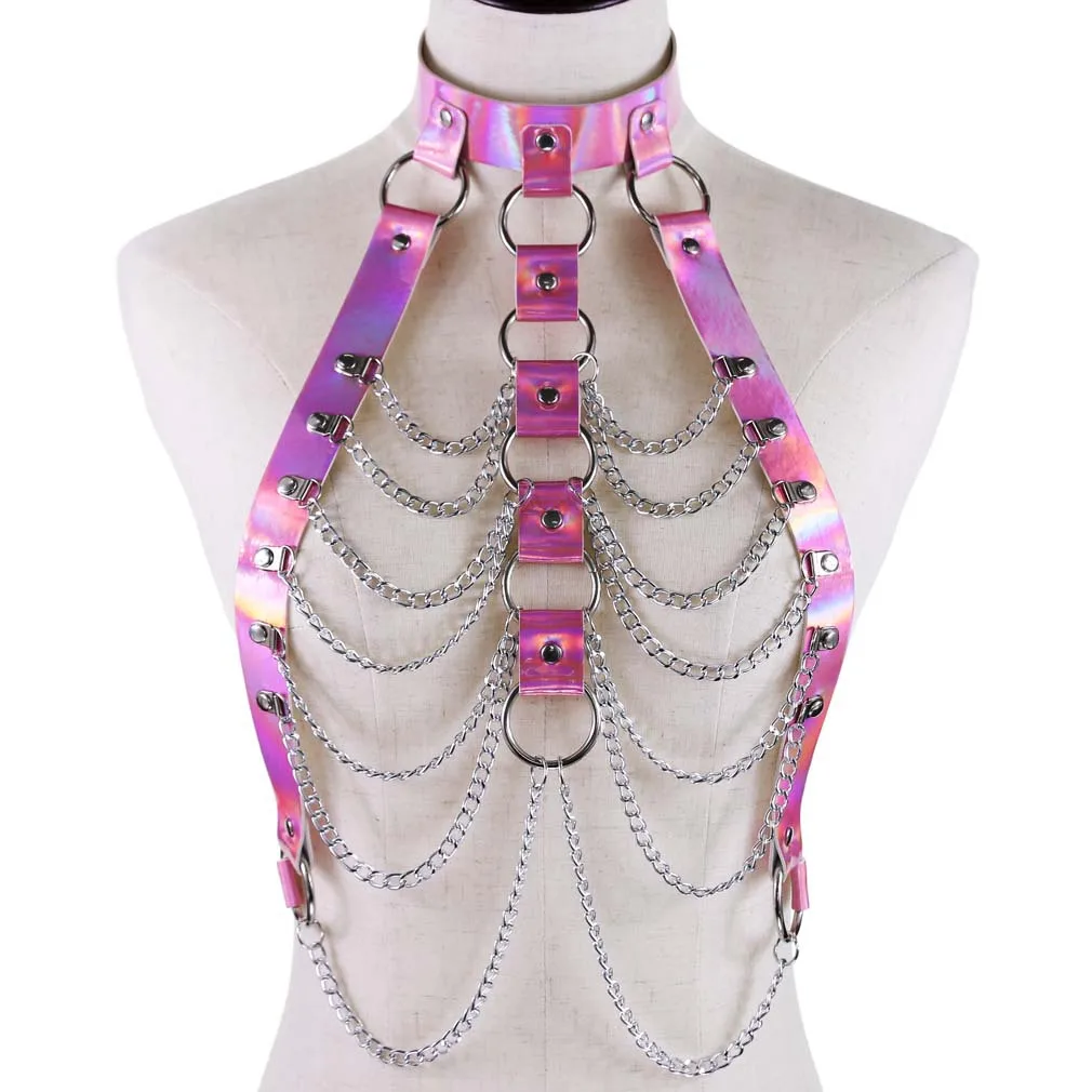 Punk Holographic Body Chain Harness Top Punk Women Holo Rainbow Waist Jewelry Festival Rave Outfit Designer Belt Women